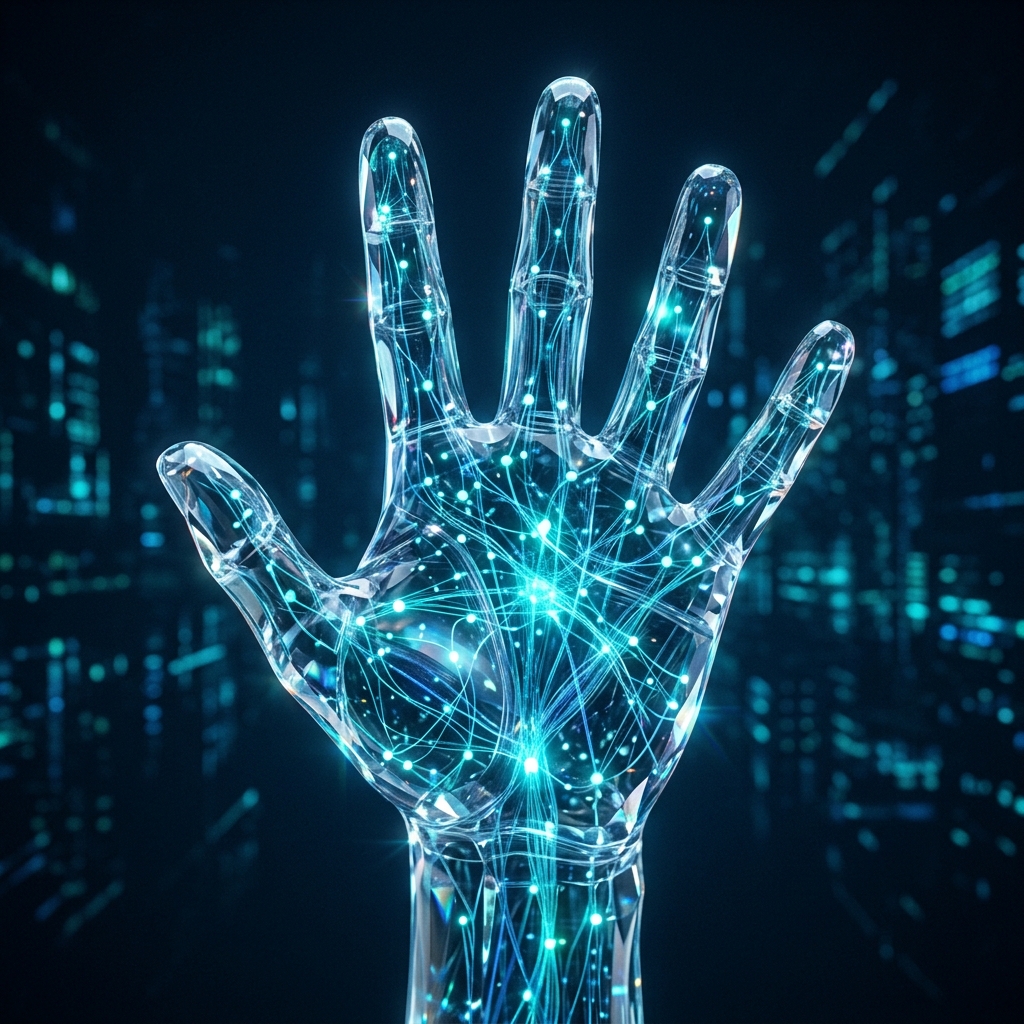 Crystalline neural network hand illuminated by cyan data streams