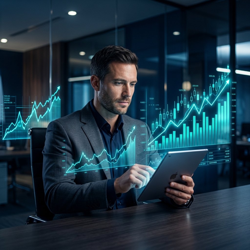 Professional man with holographic financial charts